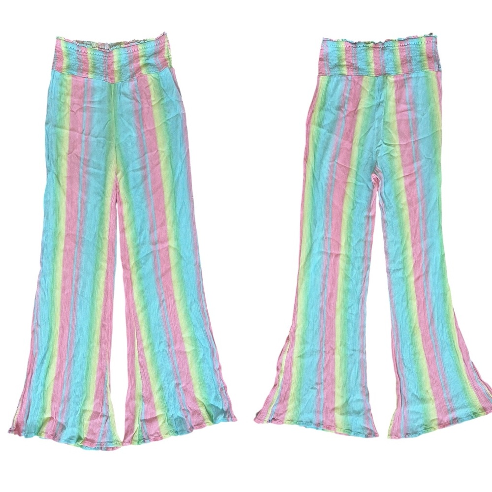 Tularosa Pastel Pink Green Blue Yellow Smocked High Rise Flare Leg Flowy Pants